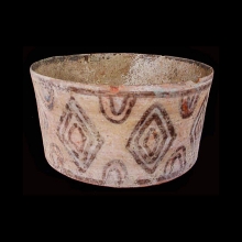 indus-valley-painted-pottery-vessel-with-diamond-linear-designs-in-brown-with-remnant-red-and-blue-(copper-sulphate)-pigments_x7030a